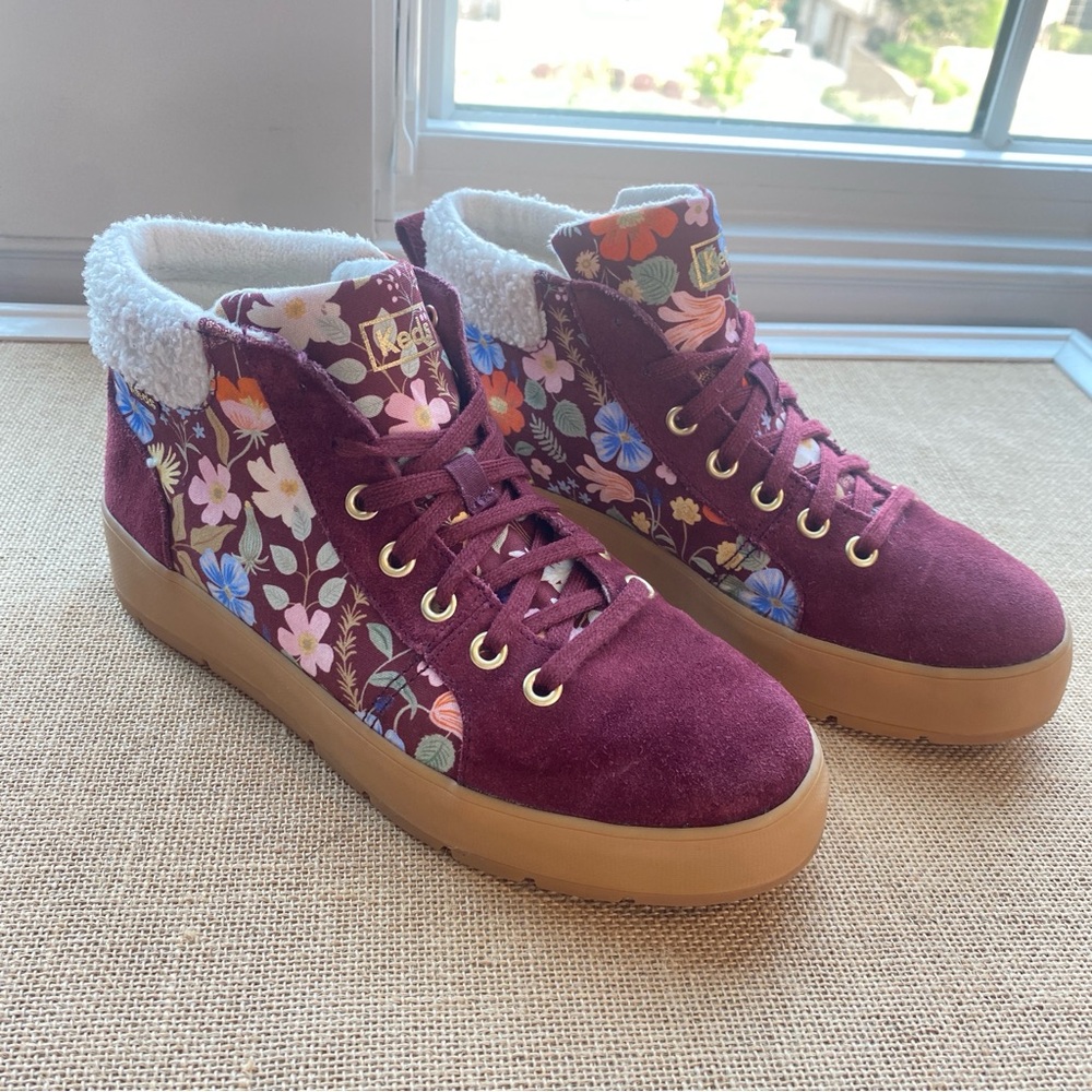 Keds X Rifle Paper Co Burgundy Floral Suede High Top Sneaker Ankle Boot Sz 7